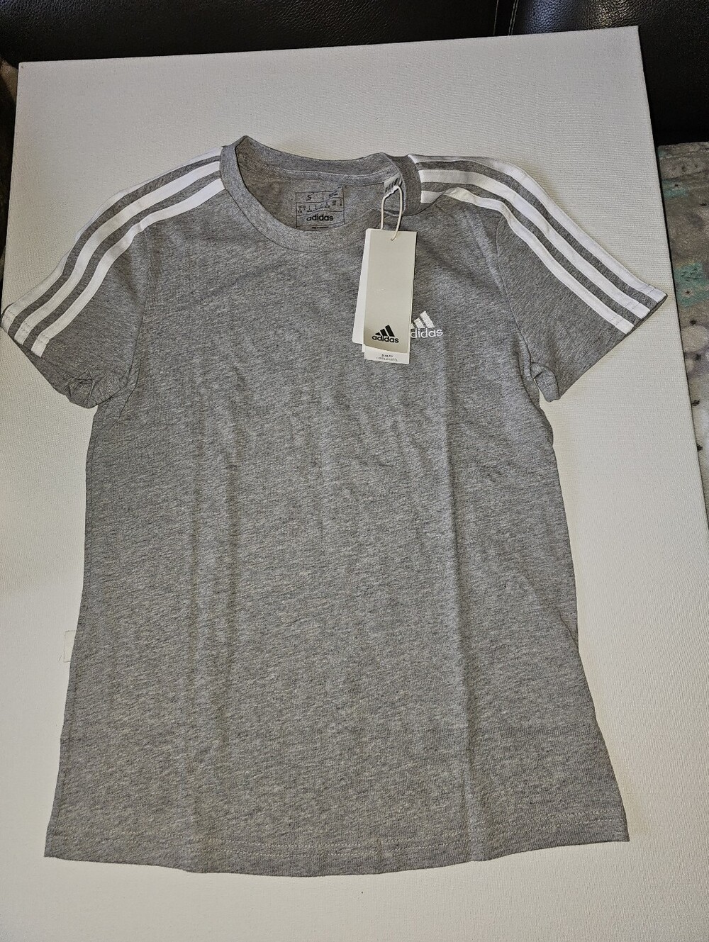 Adidas Women’s Essentials Slim 3-Strips T-Shirt Grey White Size Small